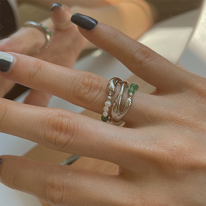 Cincin Model Terbuka Multilayer Aksen Mutiara Gaya Korea Retro Untuk Aksesoris