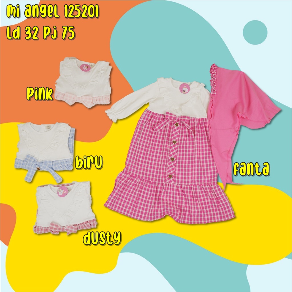 mi angel 125201 gamis pashmina anak lucu gamis motif kotak usia 24-30 bulan