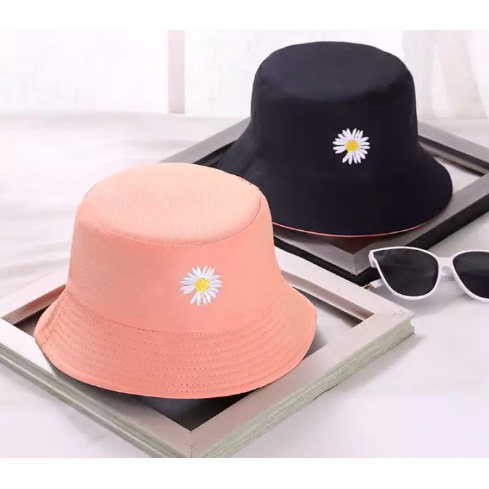 Bucket Hat Motif Bordir Bunga Daisy Bahan Cotton Drill Remaja Dewasa