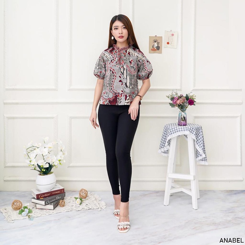 Evercloth Anabel Atasan Batik Wanita Blouse Batik Perempuan Model Lengan Puff Baju Batik Cewek Katun Stretch Premium Batik Couple Family Set Sarimbit Abu Grey Silver