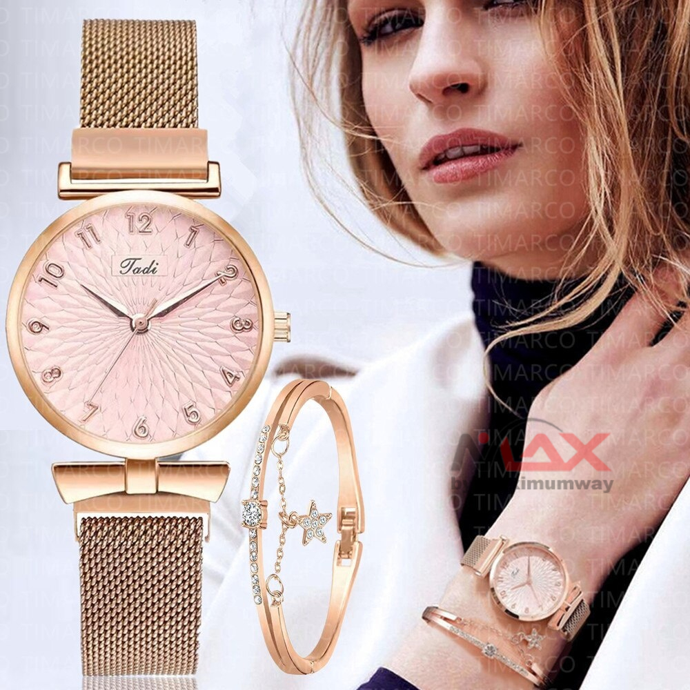 TADI Jam Tangan Wanita Bonus Gelang Premium Rantai Stainless Steel with Bracelet anti karat tahan lama 2022 Luxury Women Bracelet Quartz Watches For Women Magnetic Watch Set Ladies Dress Pink Dial Wrist Watch Clock Fashion Women Watches Luxury Leather