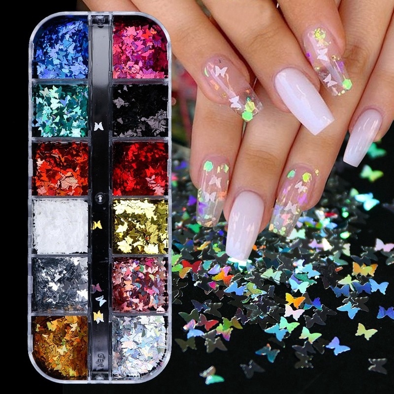 Mirror Sparkly Butterfly Nail Sequins Paillette Mixed Colors Nail Holographic Glitter 3D Flakes Slices Art Accessories