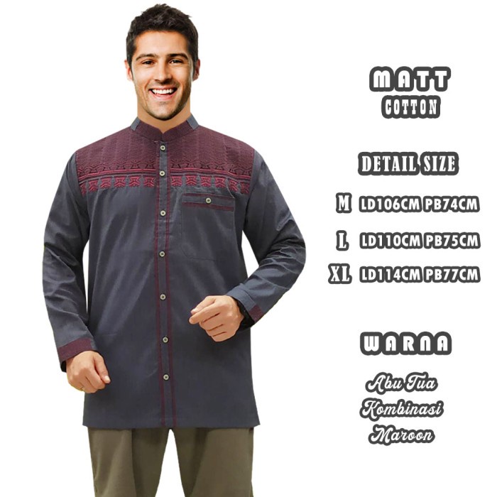 Baju Koko Lengan Pendek Kombinasi Bordir - Abu Tua Maroon, M