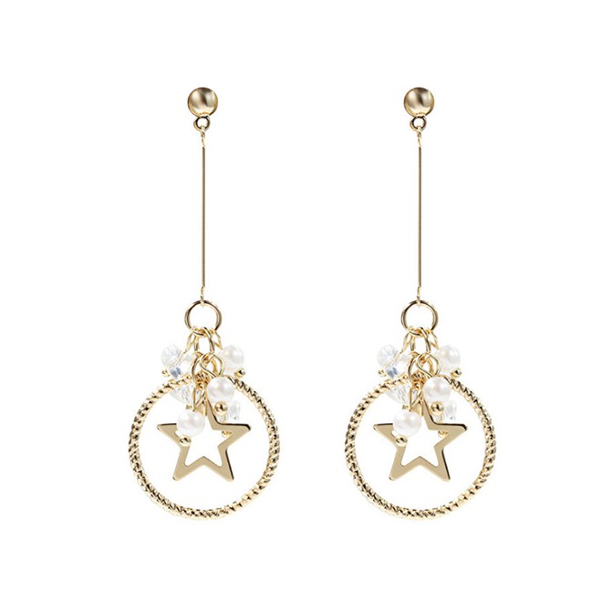 LRC Anting Tusuk Fashion Golden Crystal Tassel Star Circle Zircon P92780