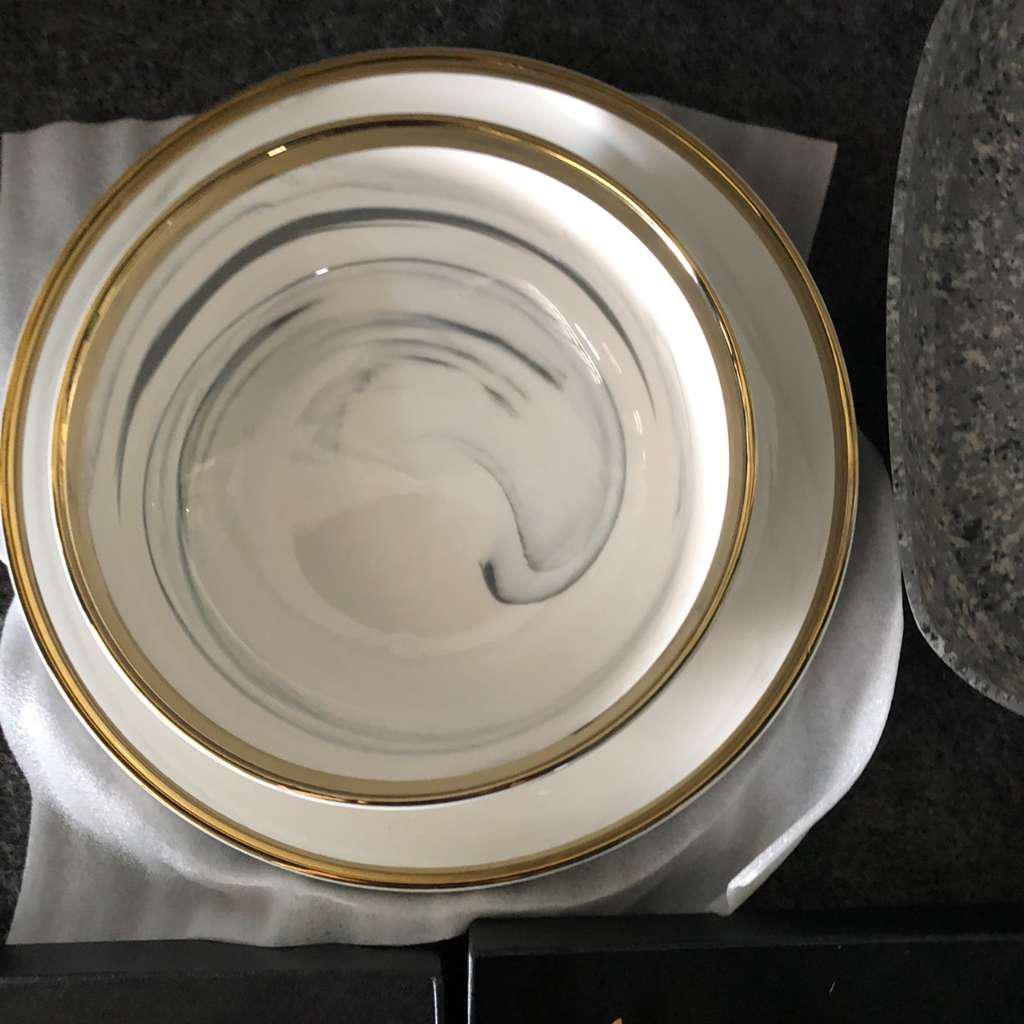 New Model Piring Mangkok Makan Keramik Ceramic Bowl Cantik Motif Marmer Marbel Marble Plate Gold Rim