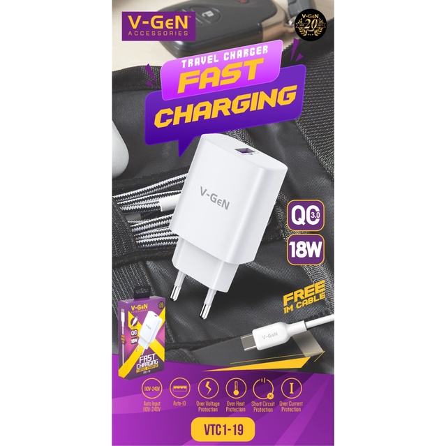 Adaptor Charger V-GeN VTC1-19 Fast Charging QC VOOC AFC FCP 18W Type C Cable