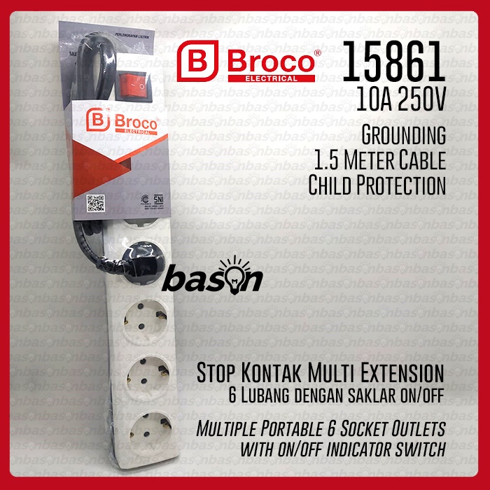 BROCO 15861 Stop Kontak 6 Lubang 10A Arde + Kabel 1.5 m + Switch + CP