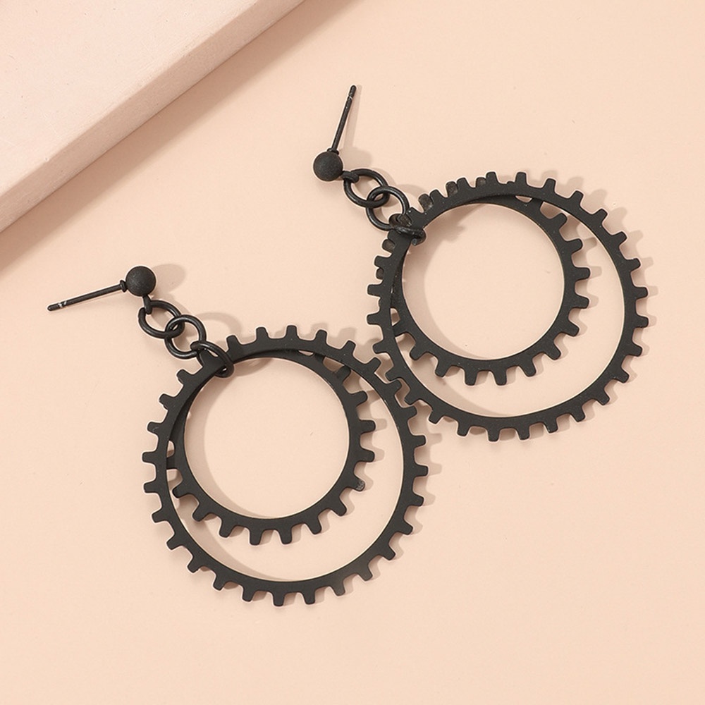 Anting Tusuk Gantung Desain Geometri Bulat Hollow Warna Hitam Gaya Vintage Untuk Wanita