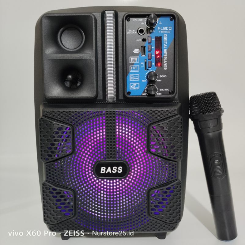 TERMURAH SPEAKER BLUETOOTH FLECO F 8809 LED 8'5 INCH FREE MIC WIRELESS KARAOKE + REMOTE + STAND - SPEAKER KARAOKE FULL BASS - Salon Aktif Extra Power Full Bass F-8809 LED