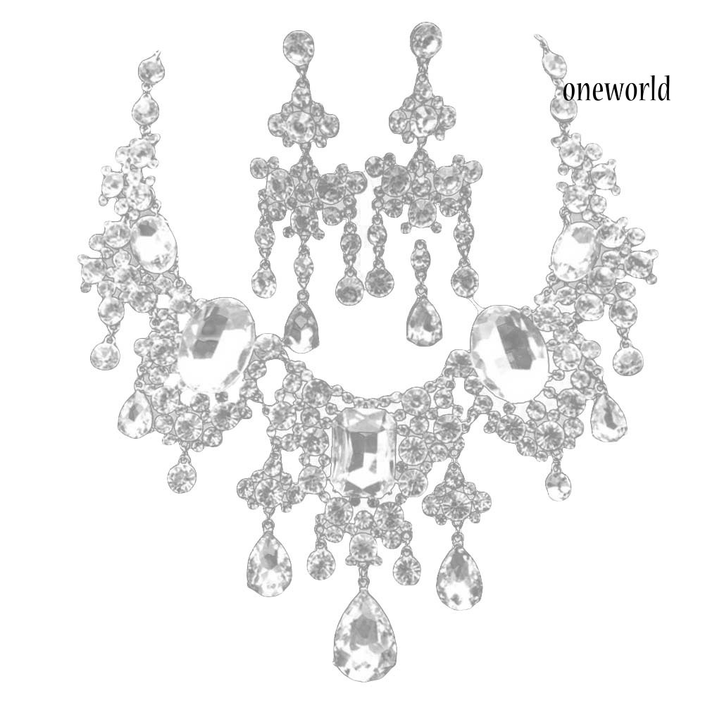 OW@ 2Pcs/Set Shiny Full Rhinestone Tassel Bridal Statement Bib Necklace Earrings