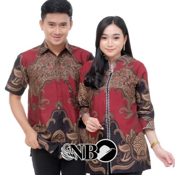 Couple Batik Baju Batik Couple Modern Katun Lengan Pendek Motif Kusumo Maroon Merah
