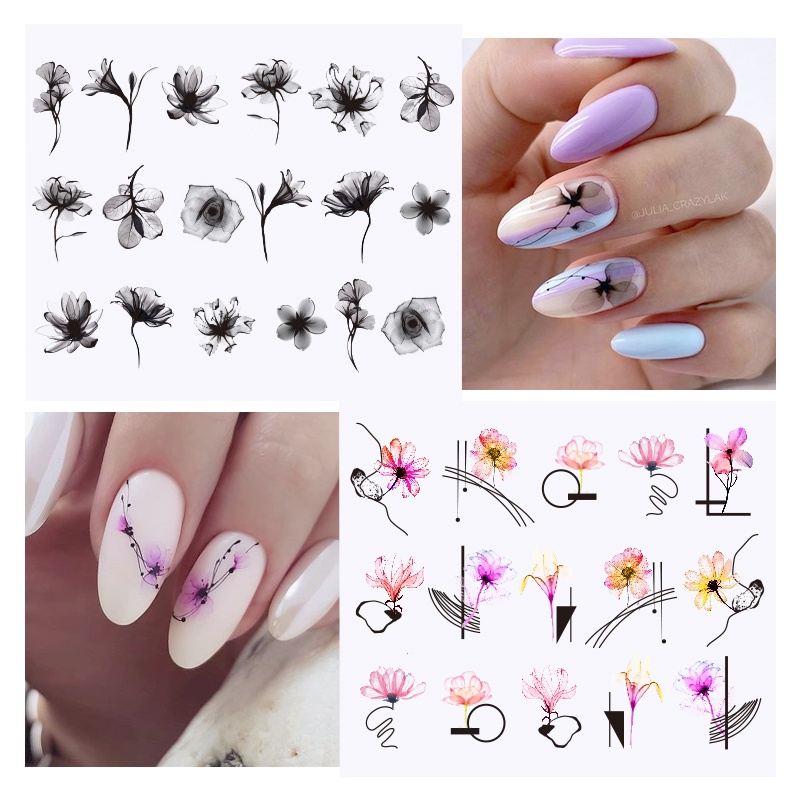 12pcs / Set Stiker Kuku Motif Geometri / Bunga / Daun / Cat Air Untuk Nail Art / Manicure Diy