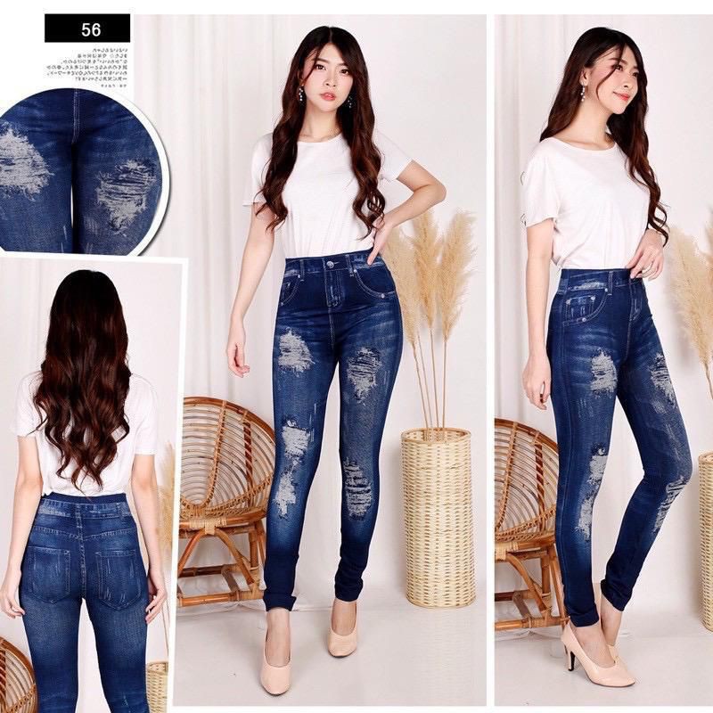 Legging Jeans Wanita Import Motif Sobek Up Jumbo