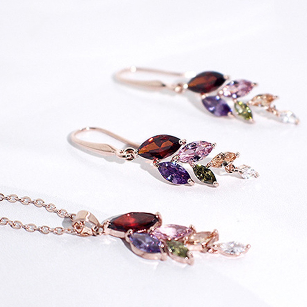 Hu Hu Hu Hu Hu Alat Bantu Pasang Kacamata♡ Set Anting Dan Kalung Rantai Desain Daun Aksen Kristal Berlian Imitasi Untuk Wanita