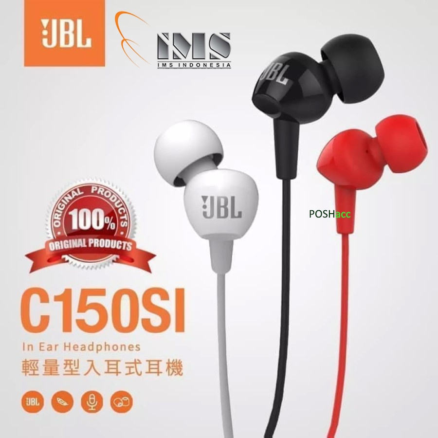 JBL C150SI In-Ear Earphone DEEP BASS Legendary JBL Sound with Mic - Garansi Resmi IMS 1 Thn Black Red White Original Headset Hansfree Ringan dan nyaman / Pouch Nylon