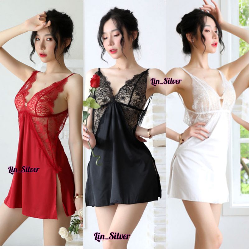 Lingerie Dress Longnight Satin Kombinasi Brookat Cantik Wanita Seksi