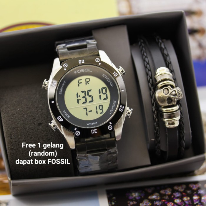PROMO Jam pria Fossil digital rantai paket gelang box Batre cadang E8115