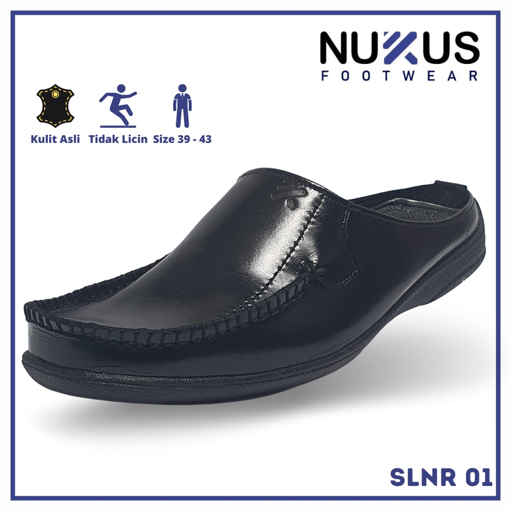 Sepatu Selop Pria Bustong Rempel Kulit Sapi Hitam- SLNR 01