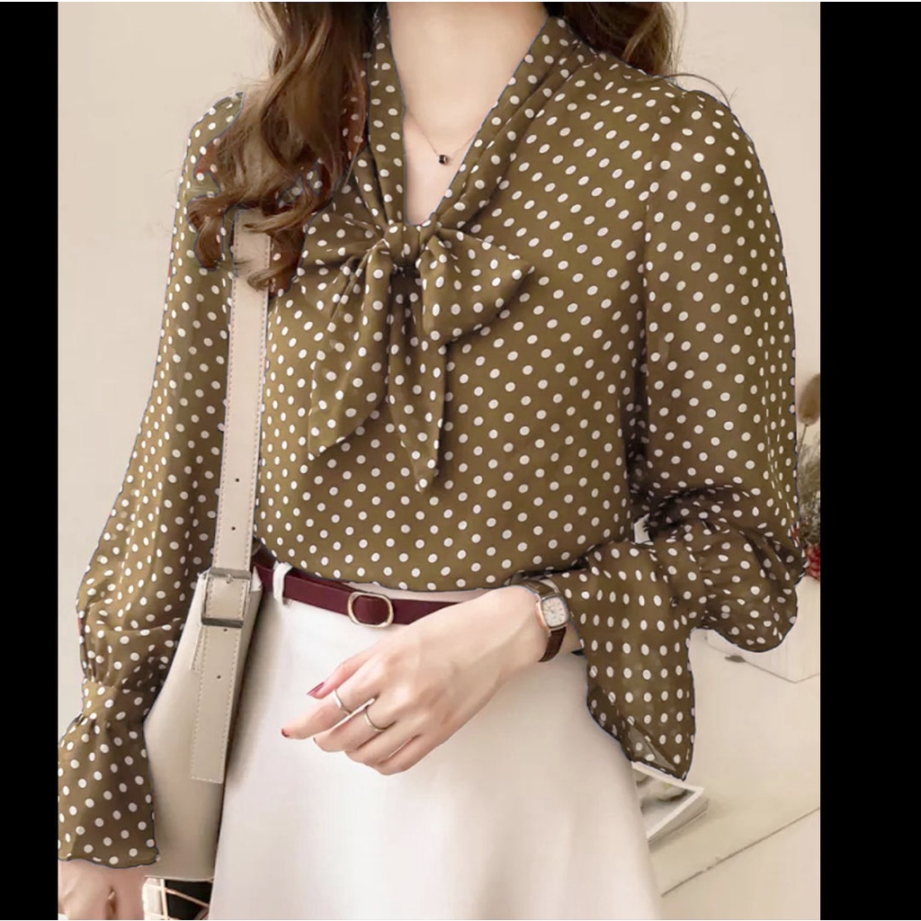 Atasan Wanita Lengan Panjang Polkadot / Blouse Polka Pita Tengah Bahan Adem 872