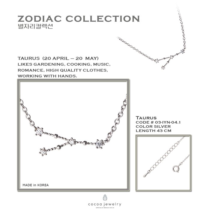 cantik.... Kalung Perhiasan Korean Jewelry Liontin Zodiak Taurus Silver Color Berkualitas