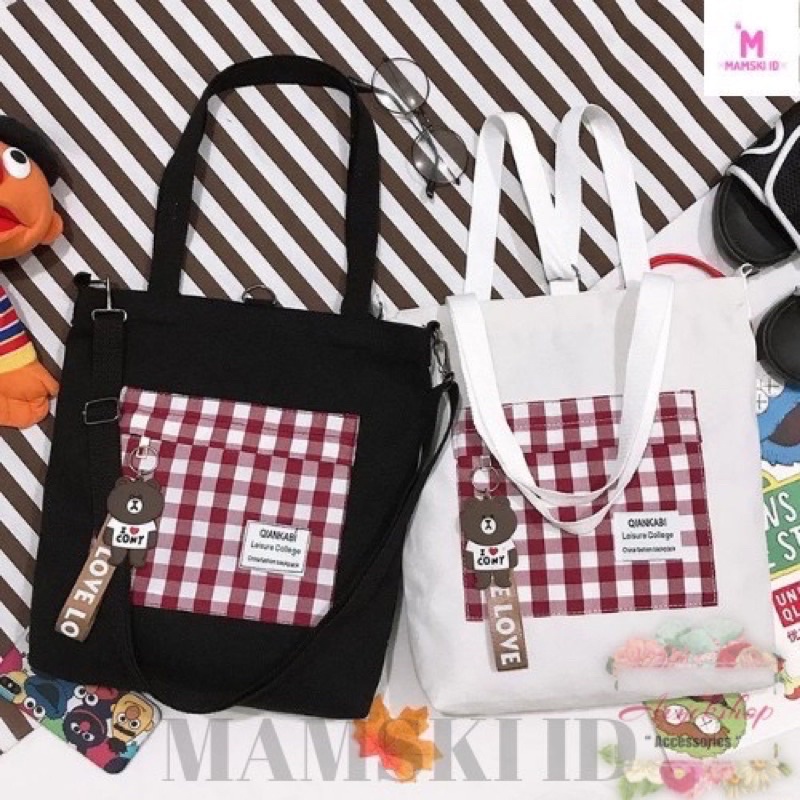 Totebag Saku Motif Kotak Kotak