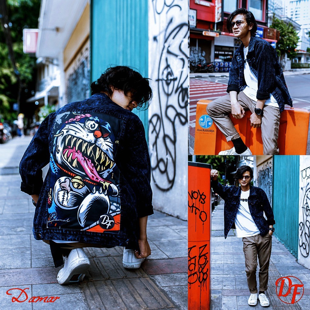 Jaket Jeans Sandwash Gambar Printing Anime One Piece & Doraemon