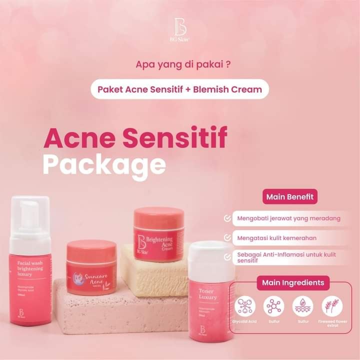 Beauty Glow BG Skin Acne Sensitif paket perawatan lengkap untuk kulit jerawat yang sensitif / Paket 