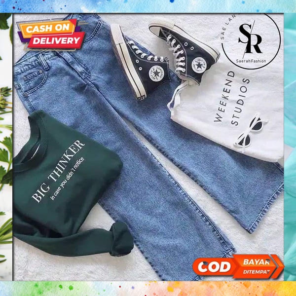 High Waist Kulot Jeans Wanita Premium/Kulot Polos Celana Panjang Levis Cewek Korean Style Street Den