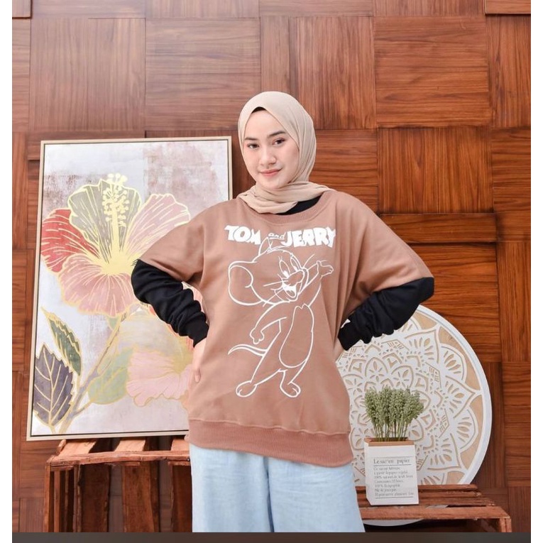 SWEATER CREWNECK DISTRO KARTUN LUCU TOM&amp;JERRY COKSU CREAM MURAH