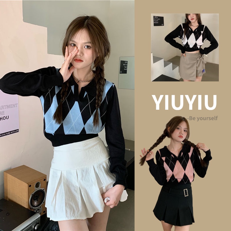 YIU YIU Rajut - Polo Shirt Sweater Rajut Crop Top Tartan Wanita Lengan Panjang Korean Style