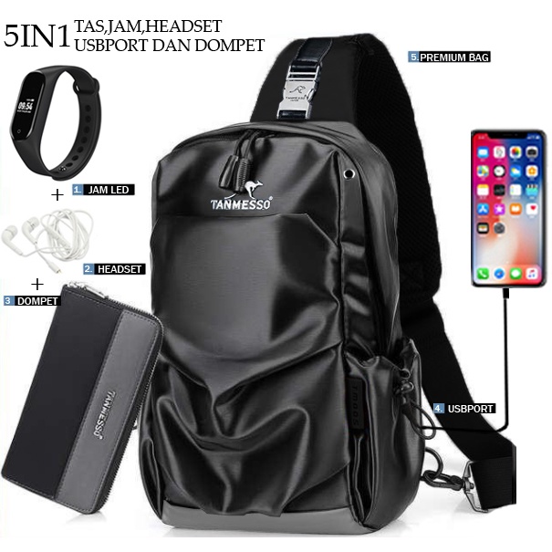 TANMESSO 5IN1 BAYAR DITEMPAT-BONUS JAM LED,DOMPET &amp; USBPORT&amp;HEADSET-tas selempang waterproof