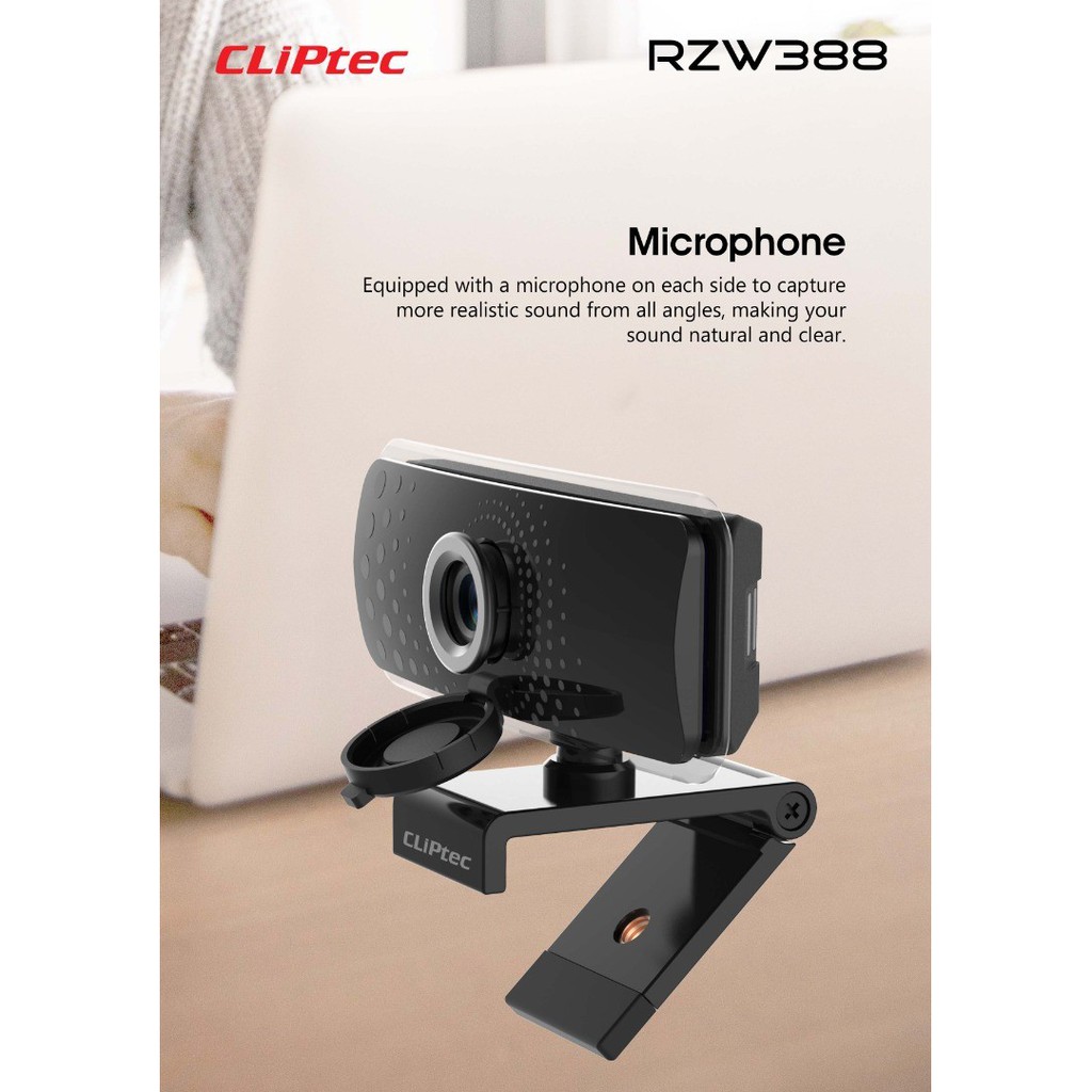 Webcam CLIPtec wired usb Full HD 1080P 30fps 2MP Wide-Angle Hallo RZW388 - pc web camera