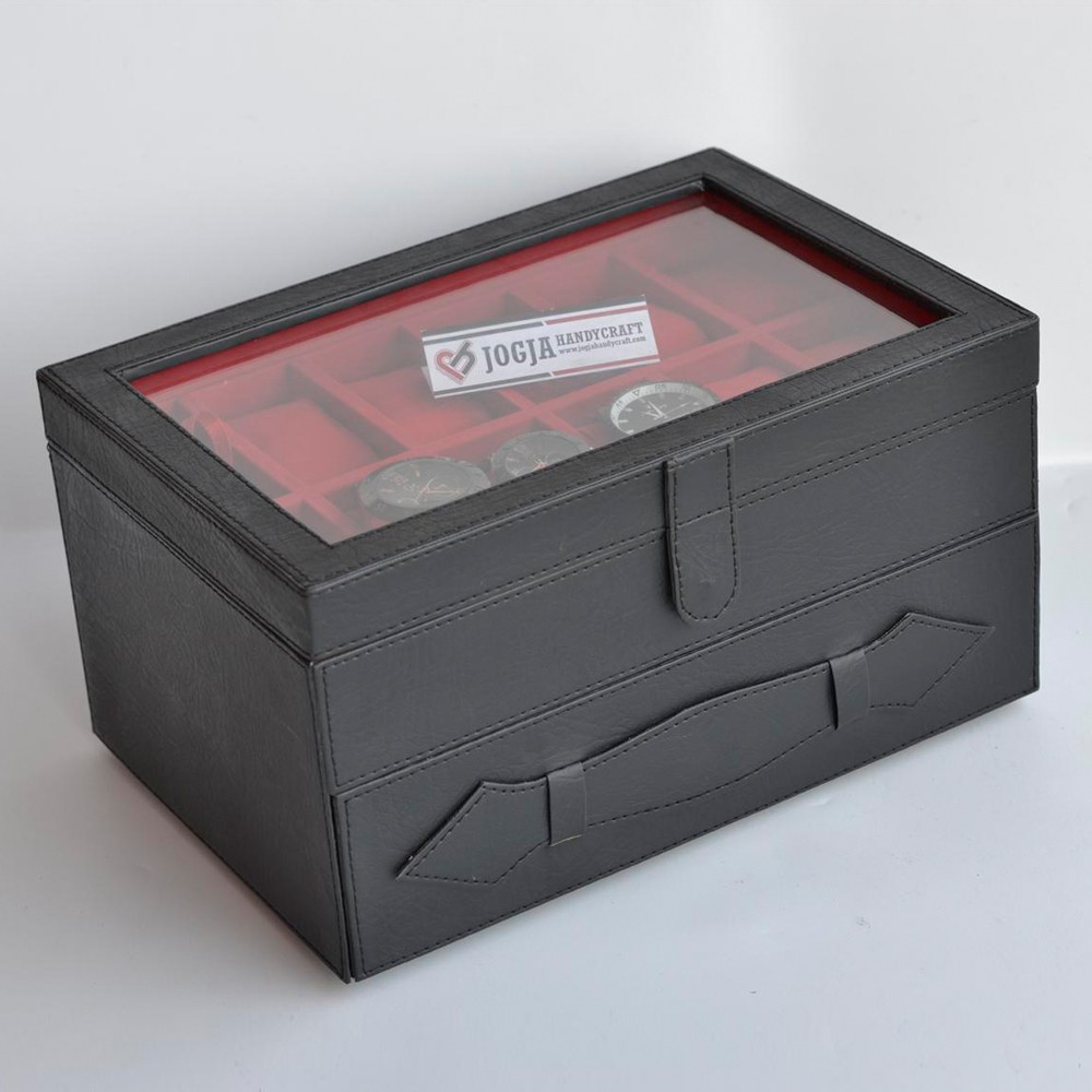 KOTAK JAM TANGAN | BOX JAM | TEMPAT JAM TANGAN ISI 24 BLACK INNER RED