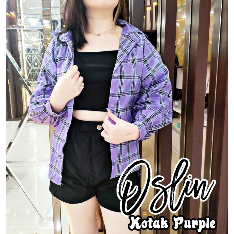 RD FASHION Kemeja Oslin Oversize | Kemeja Korea Jumbo Wanita | Bahan Creap - Fit to L-KOTAK PURPLE