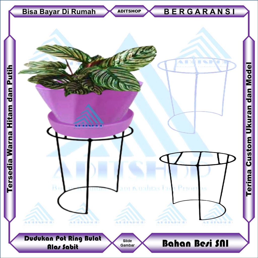 Dudukan Pot Dari Besi Ring Bundar Alas Sabit Kaki Lurus | ADITSHOP | Standing Vas Hiasan Taman | Tem