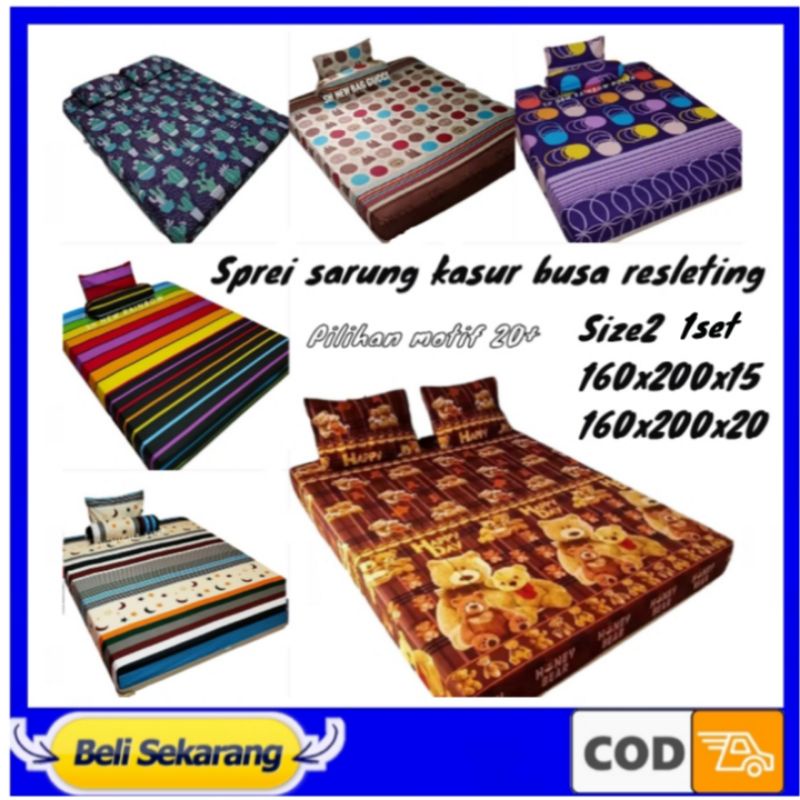 Sprei Resleting Sarung Kasur Busa Springbed Satu Set Bantal Guling Uk No 2 Queen 160x200x15 160x200x
