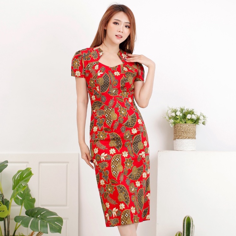 Pretty Batik VIVIAN Dress Batik Modern Wanita Kerah Unik Cutting Pencil - Baju Kantor, Baju Formal-BWH-Red