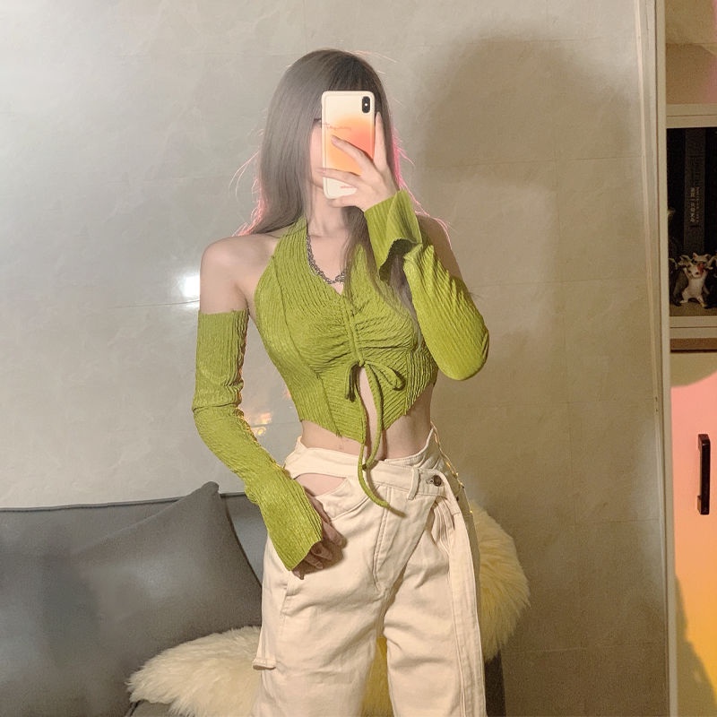 kaos wanita korean style avokad green white halter drawstring top + split sleeve atasan two-piece sh