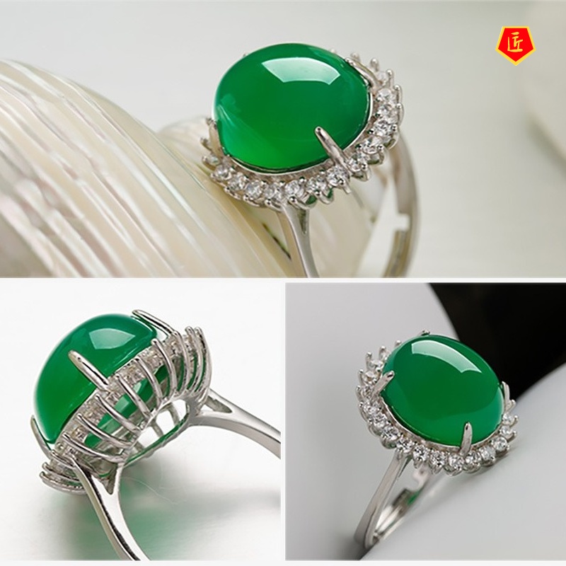 [Ready Stock]Emerald Ring 925 Silver Ethnic Style Elegant Fashion Temperament