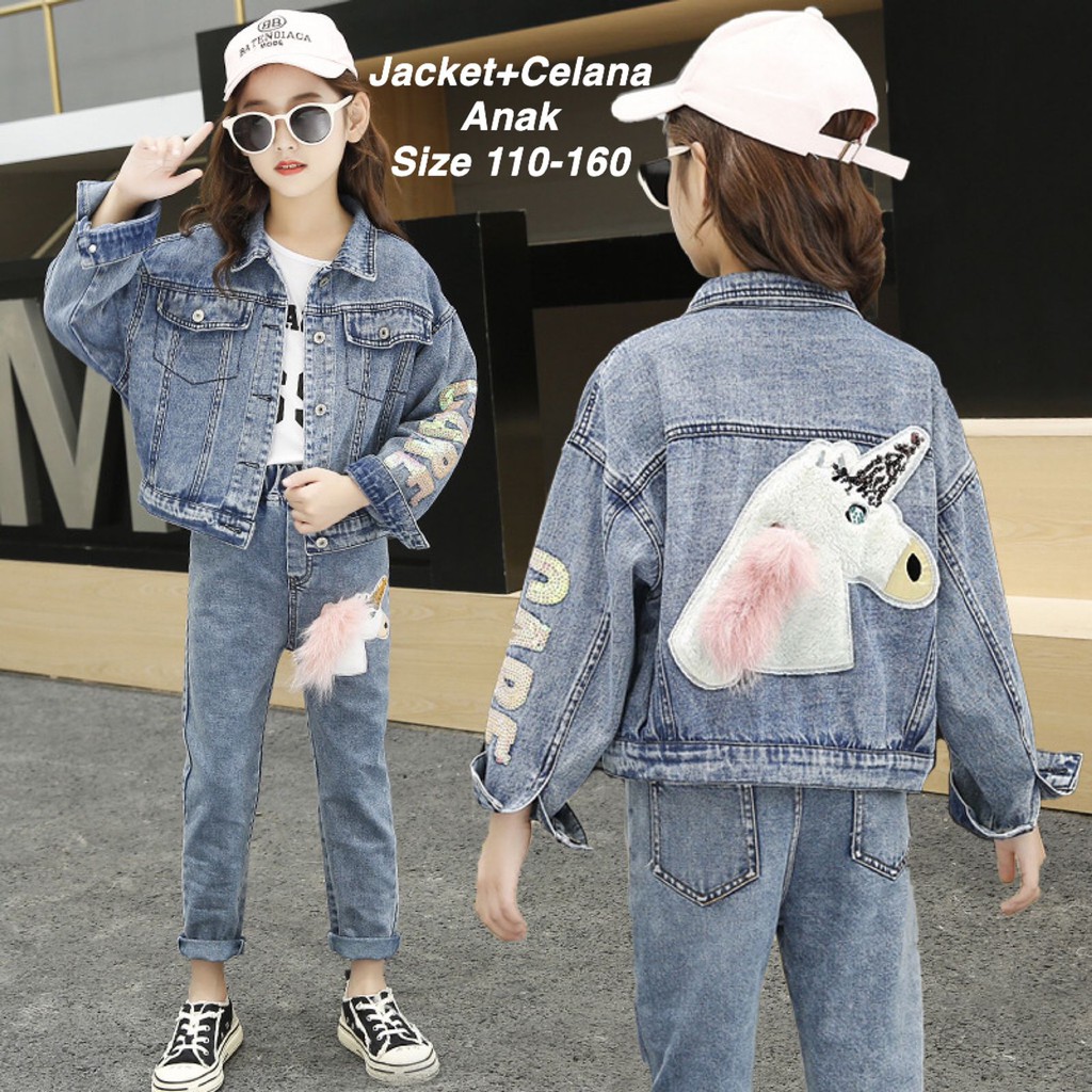 (LOLI-JKT) JK-04 JAKET &amp; CELANA ANAK MODELIS JEANS UNICORN 110-160