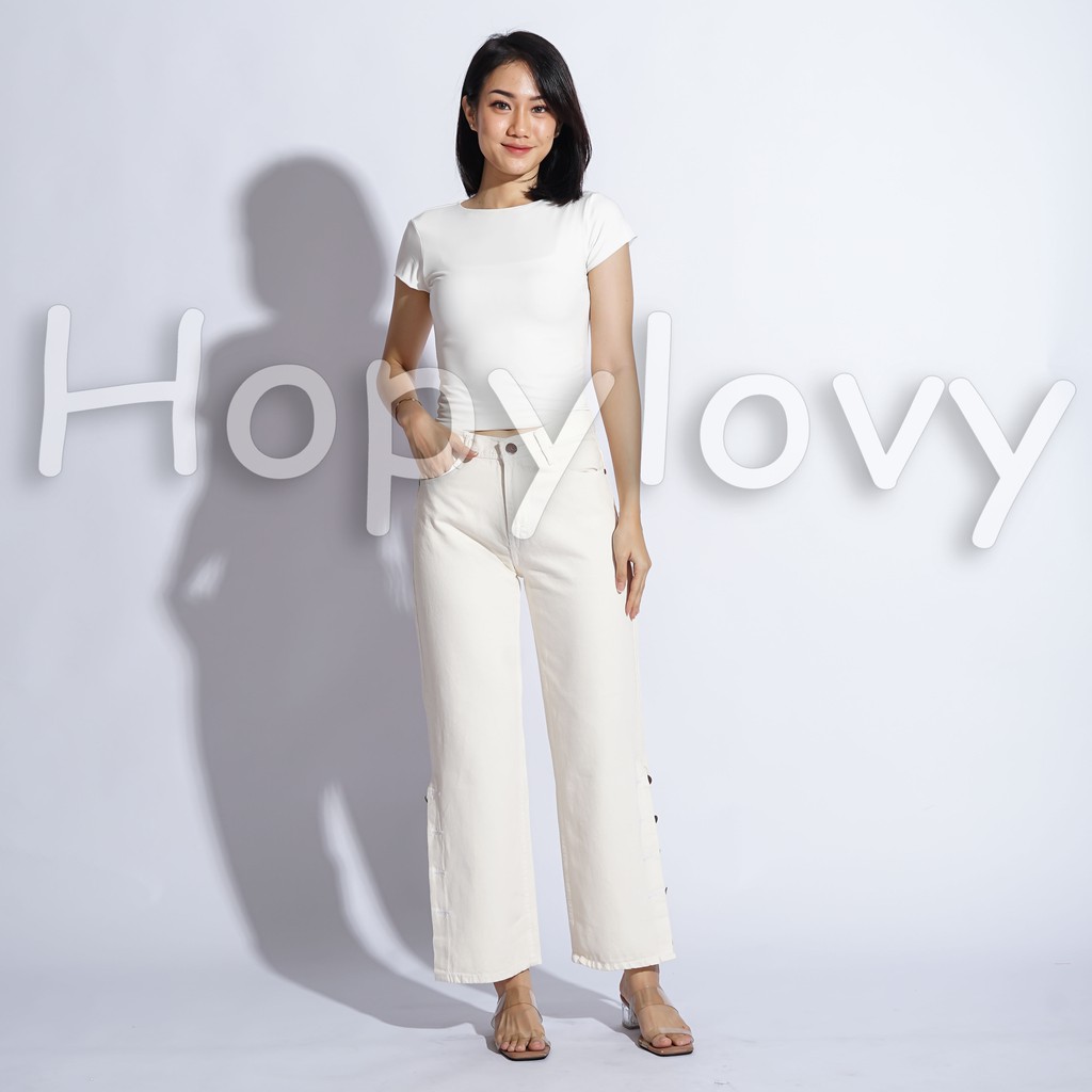 HOPYLOVY - Celana Boyfriend Jeans Model Kulot Kancing Samping Cream Arabela