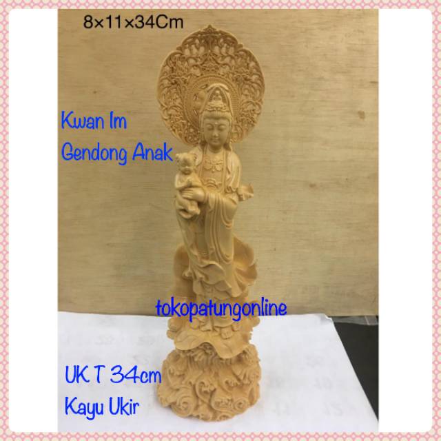 Patung Kwan Im Gendong Anak Kayu T34