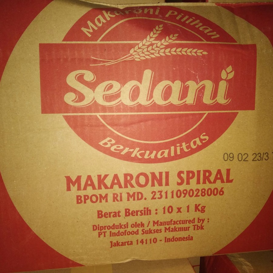 

Makaroni Sedani Spiral / Pipa 1 kg 1 Dus isi 10 pcs / Makroni Macaroni Rebus Pasta SEDANI Spiral / Sepiral / Untir / Bor / Pipa / Usus 1 Dus Karton 10 kg isi 10 x 1kg