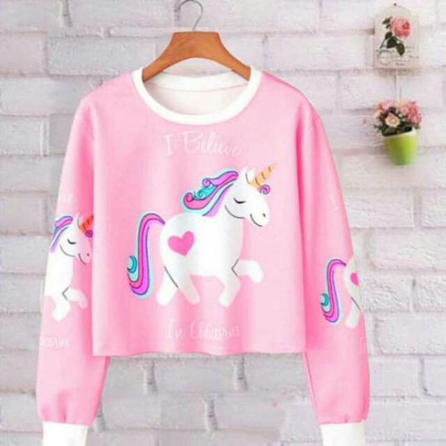 FO158 Sweater Wanita Crop Unicorn I Believe Shopee 