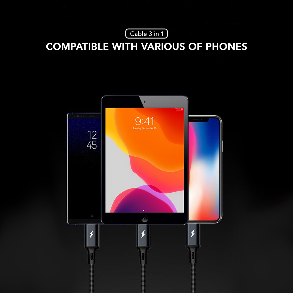 SB CB04 Kabel Data USB Cable 3in1 Fast Charger Micro USB Type C Lightning
