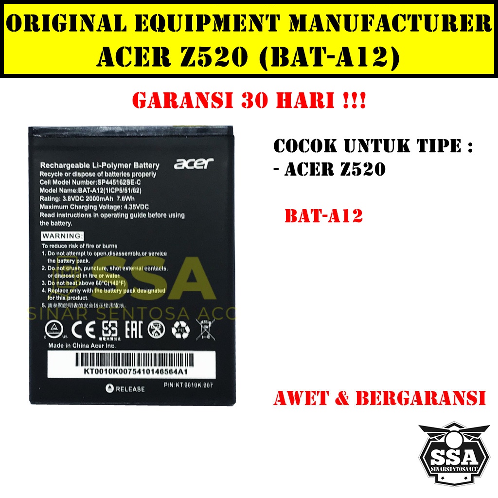 Baterai Original OEM Acer Z520 BAT-A12 BATA12 BAT A12 Z5 HP Ori Battery Batrai Batre Batu Batere GARANSI AWET MURAH