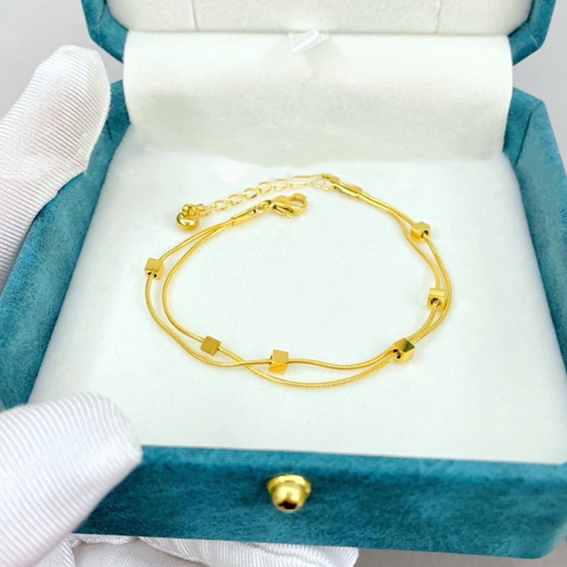 Gelang Titanium 2 Layer Anti Karat Kubus Emas 18K Mewah Aksesoris Wanita Korea