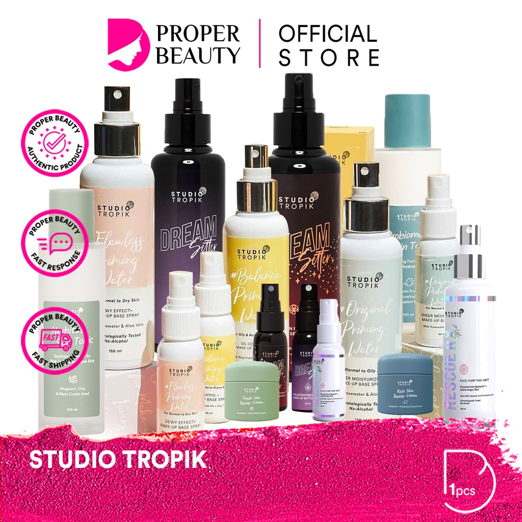 STUDIO TROPIK Indonesia / Original Flawless Balance Priming Water Primer DreamSetter Glowy Pollution Protection Base Make Up Setting Spray / Herbitus Probiome Skin Tonic Rescue RX Antibacterial Face Mist / Fresh Rich Skin Barrier Cream BB Full Size Paket