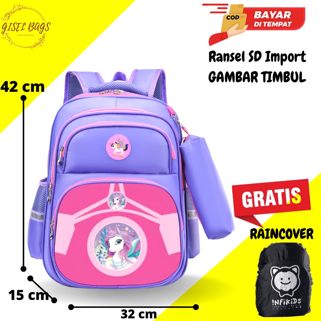 GB Tas sekolah anak perempuan gambar timbul ransel anak import bahan tebal ransel anak sekolah