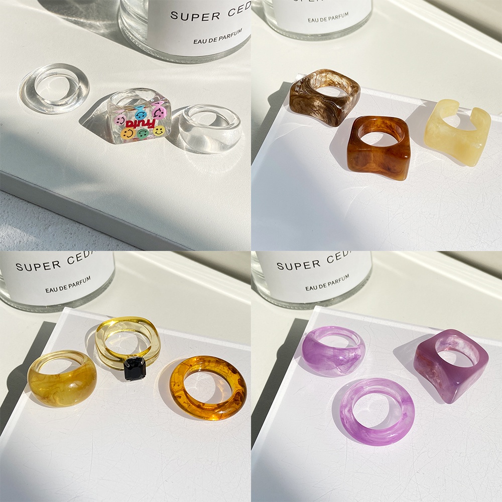 ISA 3 Pieces/set Versi Korea Resin Cincin Warna-warni Akrilik Jelly Cincin Wanita Jari Telunjuk Knuckle Rings Fashion Perhiasan Aksesoris